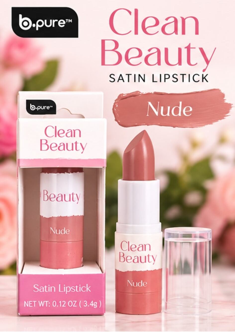 b.pure Clean Beauty Satin Lipstick Nude Vegan Cruelty Free 0.12 oz